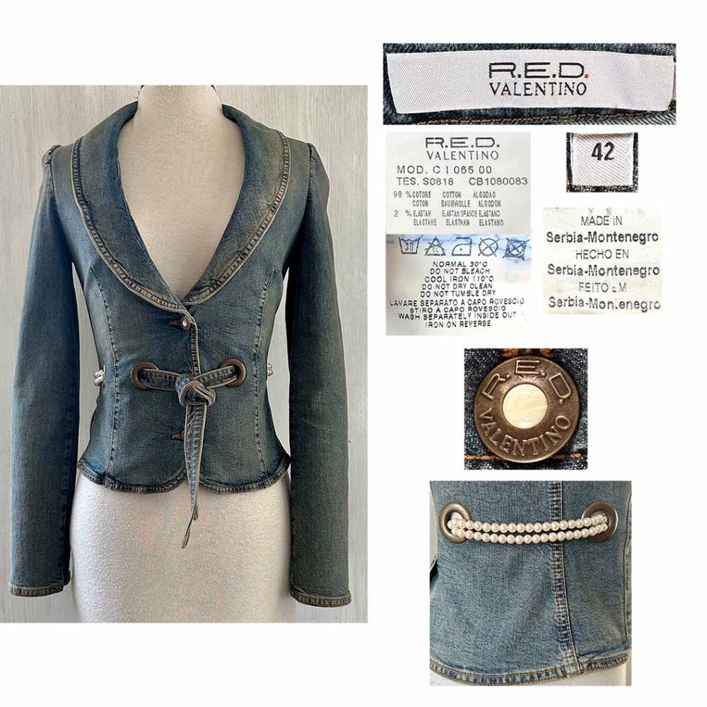 R.E.D. Valentino IT 42 US 4-6 Fitted Cotton Stretch denim Jacket Pearl Accents